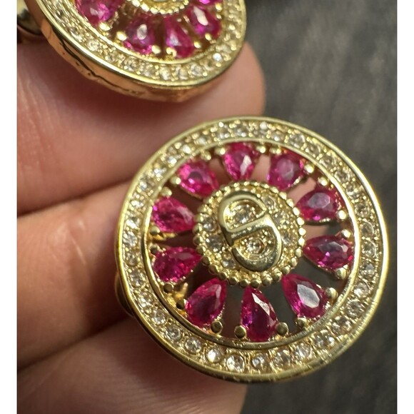 Christian Dior Stamped CD Authentic Magenta Crystals Medallion Stud Earrings - Picture 8 of 16